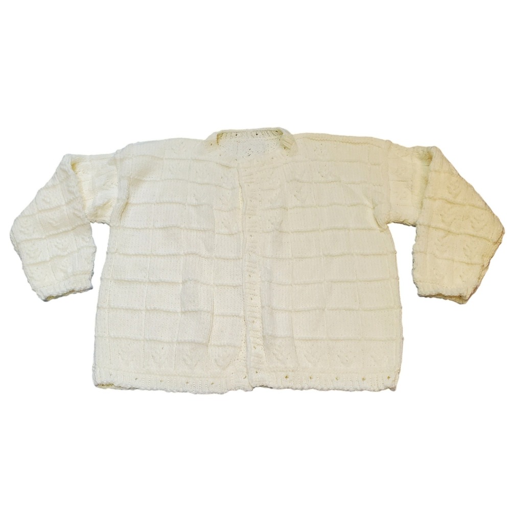 Handmade Knit Cardigan Cream Ivory Basketweave Textured Sweater Cottagecore L/M